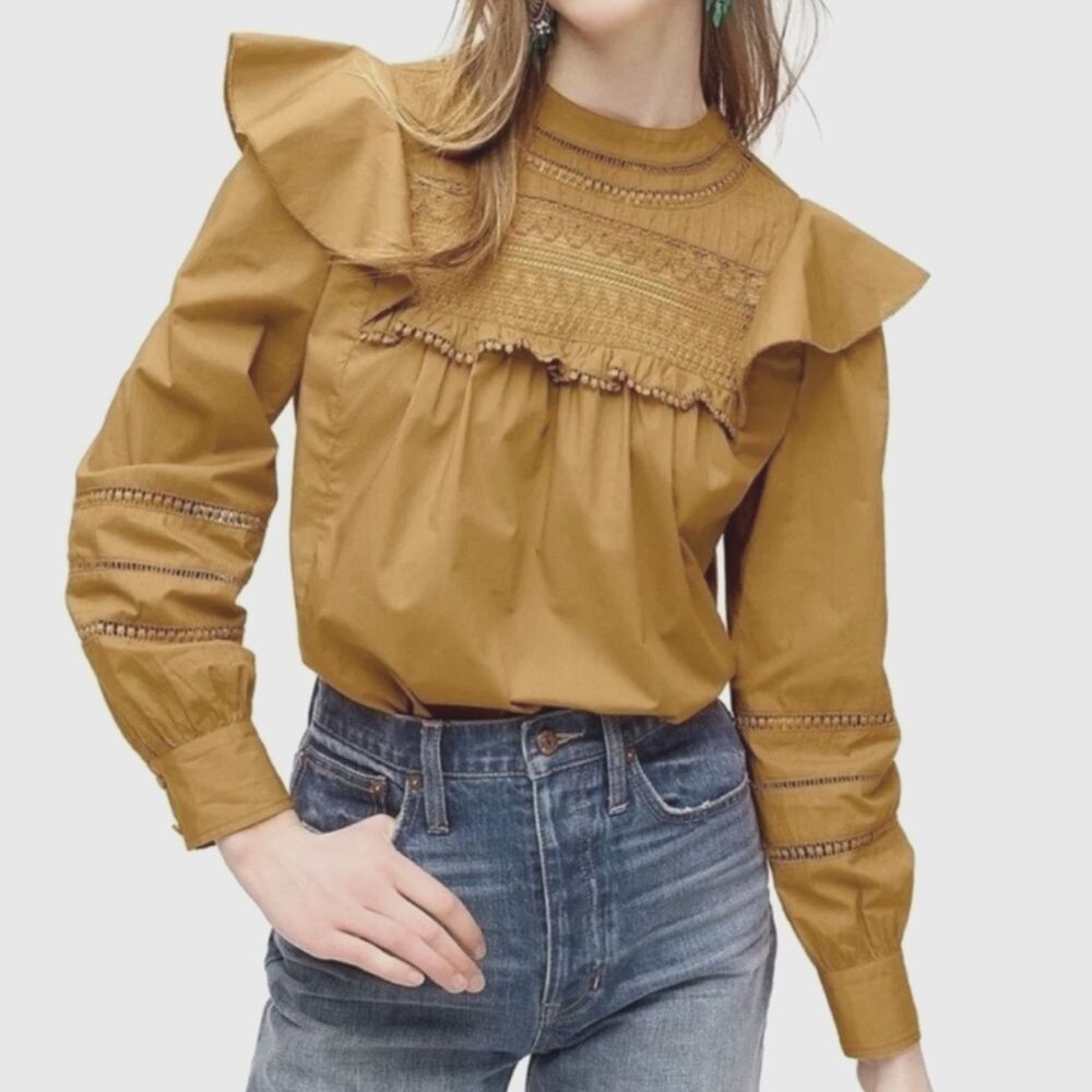 J. Crew Crocheted Lace Ruffle High Neck Honey Brown Top Sz Large Romantic Boho